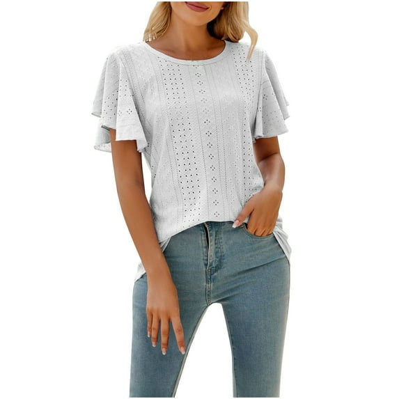 pimelu Womens Tops Tops for Women Trendy Ruffle Sleeve Lightweigh Hollow out Blouses Summer Casual Solid T-shirt Ladies Crewneck Short Sleeve Tunic Top