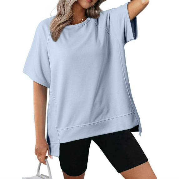 pimelu Womens Tops Womens Shirts Breathable Loose Irregular Hem Oversized Pullover Tshirt Summer Casual Solid Top Ladies Round Neck Short Sleeve Tee Top
