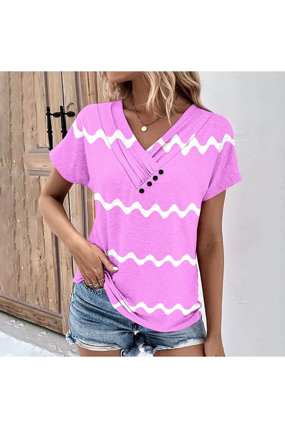 Womens Tops Womens Shirts Button up Cowl Neck Comfy Breathable Tunic Tops Summer Trendy Striped Print T Shirts Girls V-Neck Short Sleeve Shirt Top