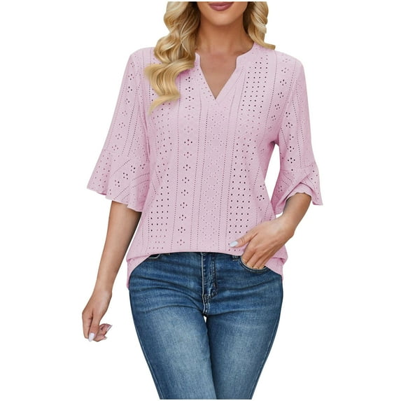 pimelu Womens Tops Womens Shirts Lightweight Hollow out Ruffle Sleeve Tunic Tops Summer Trendy Solid Tops Girls V-Neck Elbow-Length Blouses