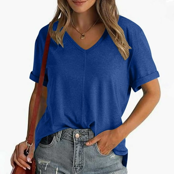 pimelu Womens Tops Womens Shirts Lightweight Loose Irregular Hem Rolled Sleeve Blouses Summer Trendy Solid Blouses Ladies V-Neck Short Sleeve Tunic Top