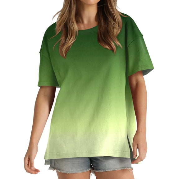 pimelu Womens Tops Womens Shirts Loose Fit Side Slit Irregular Swing Hem Shirts Summer Casual Gradient Print Blouses Ladies Round Neck Short Sleeve Tunic Top