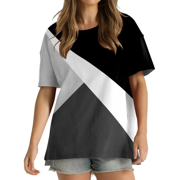 pimelu Womens Tops Womens Shirts Loose Fit Side Slit Irregular Swing Hem Shirts Summer Fashion Color Block Blouses Ladies Round Neck Short Sleeve Tunic Top