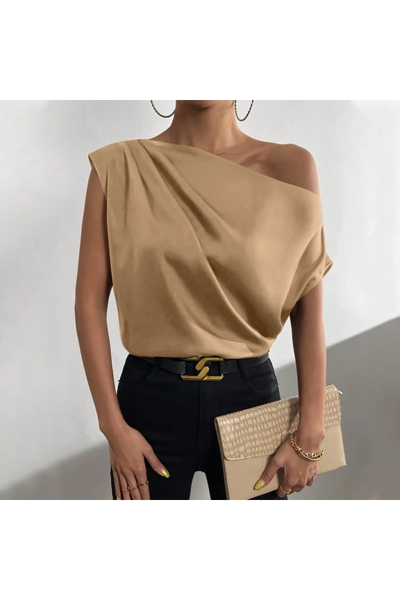 Womens Tops Womens Shirts One Shoulder Lightweight Silky Satin Ruched Tops Summer Casual Solid Tee Shirts Ladies Slash Neck Short Sleeve Shirts