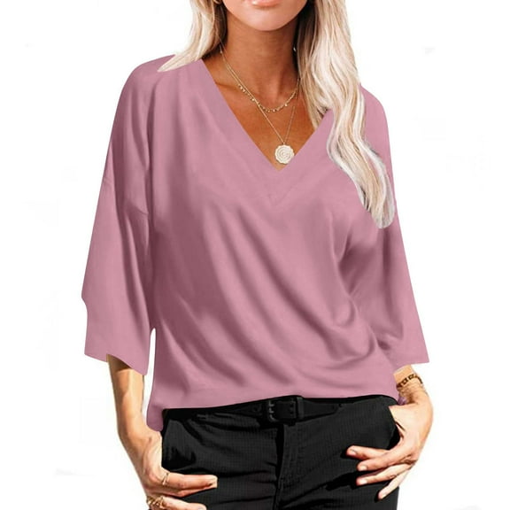 pimelu Womens Tops Womens Tops Breathable Comfy Loose Pullover Top Summer Trendy Solid Blouses Girls V-Neck 3/4 Sleeve Blouses