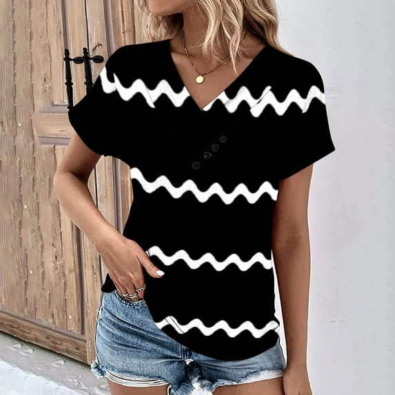 pimelu Womens Tops Womens Tops Button up Cowl Neck Comfy Breathable Tunic Tops Summer Fashion Striped Print Shirts Girls V-Neck Short Sleeve Tee Top