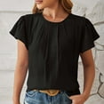 thumbnail image 1 of pimelu Womens Tops Womens Tops Pleated Ruffle Sleeve Lightweight Loose Fit Tunic Top Summer Trendy Solid Tee Tops Ladies Round Neck Short Sleeve Blouses, 1 of 4