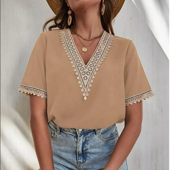 pimelu Womens Tops Womens Tops Plus Size Loose Lightweight Chiffon Lace Trim Shirts Summer Fashion Solid Tee Tops Girls V-Neck Short Sleeve Blouses