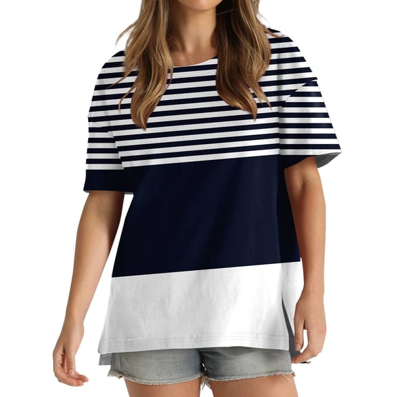 pimelu Womens Tops Workout Tops for Women Loose Fit Side Slit Irregular Swing Hem Shirts Summer Fashion Striped Print Tops Girls Crewneck Short Sleeve Tunic Top