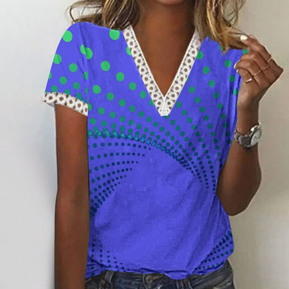 pimelu Womens Tops Workout Tops for Women Plus Size Lightweight Loose Lace Trim Tunic Tops Summer Fashion Dot Print Shirts Ladies V-Neck Short Sleeve Tee Top