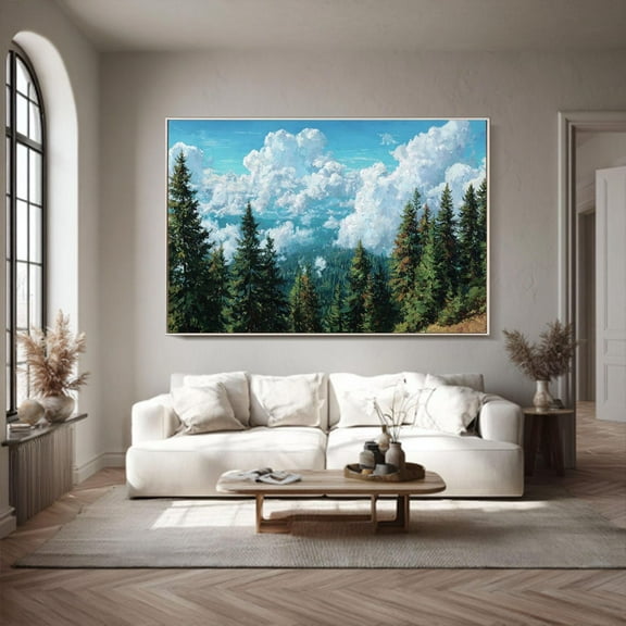 pine forest vintage woodland wall art green white nursery decor forest cloud abstract art pine tree cabin art green tree Poster Decor, Unframed Poster Size 24x36 F03.1.22l785
