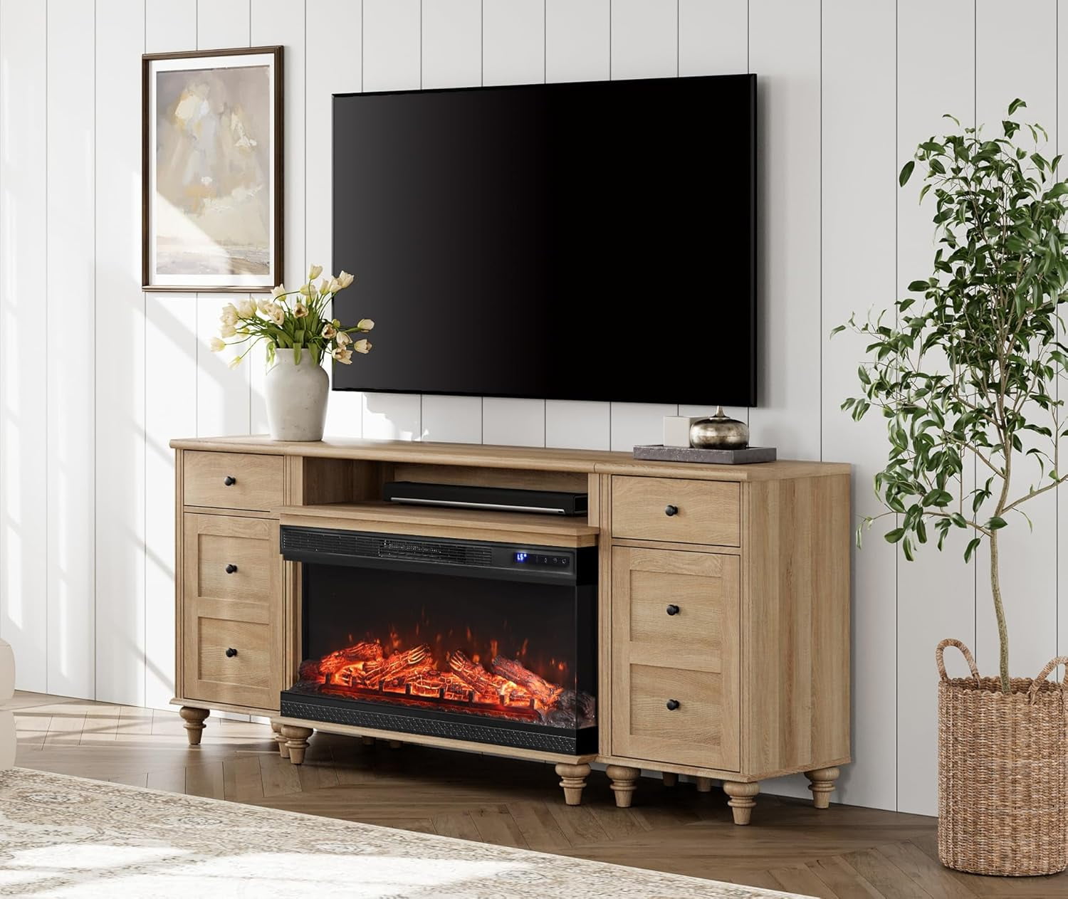 pingduo 3-Sided Glass Fireplace TV Stand for 75 inch TV, Highboy ...
