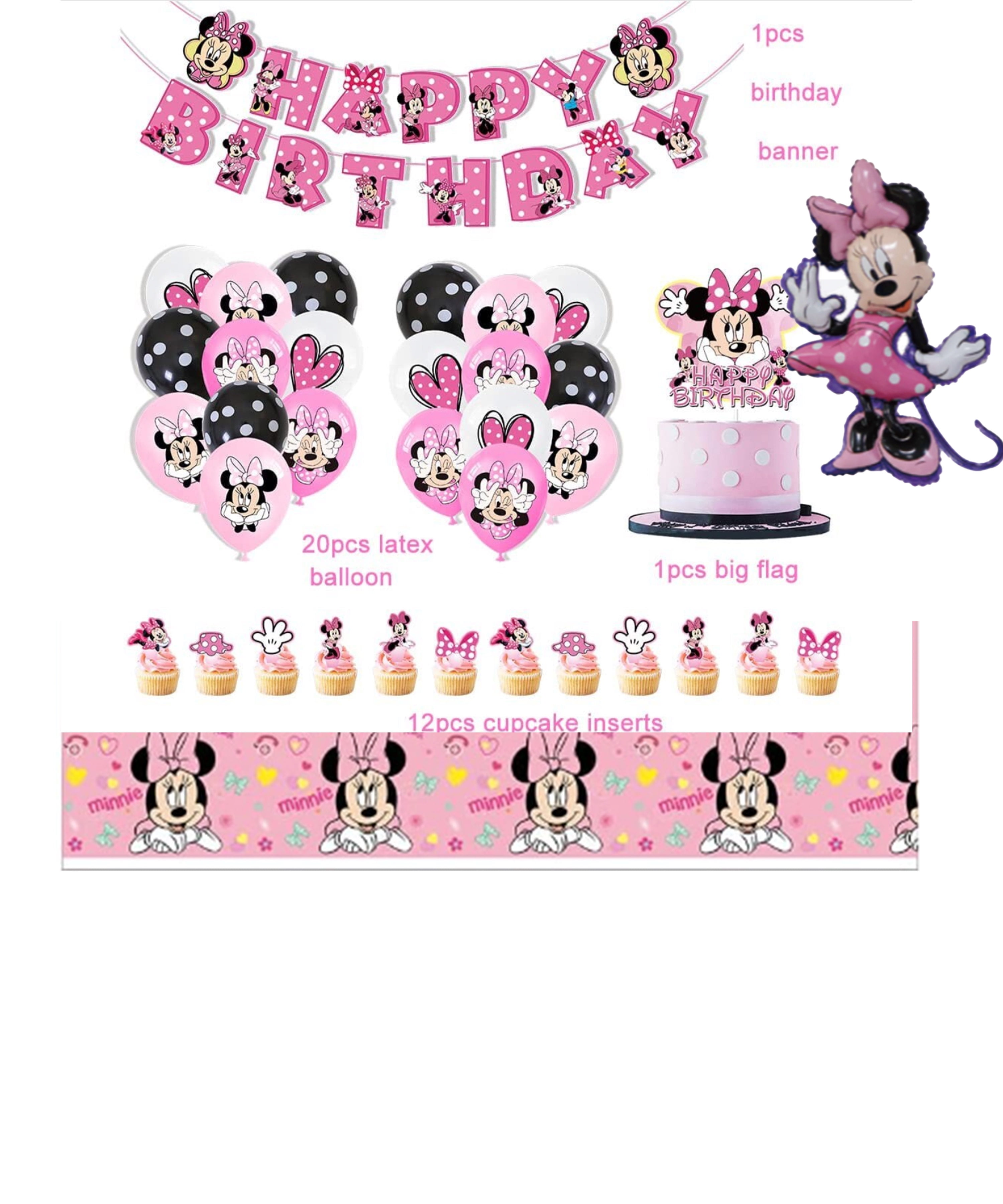 Baby Minnie Mouse Birthday Party Supplies Minnie Mouse Decorations for  Girls Party Supplies Plate Cake Balloon