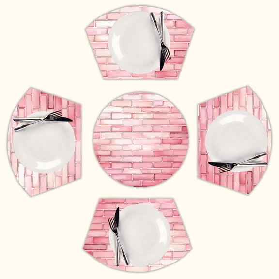 pink brick , Brick Stone Round Table Placemats Set Of 5 Wedge Table Mats Washable Heat Resistant Place Mat For Dining Table Kitchen Farmhouse Restaurant