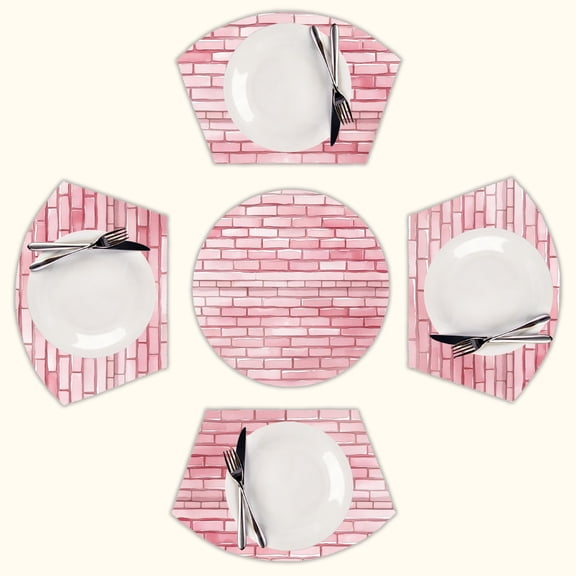 pink brick Round Table Placemats Set Of 5 Wedge Table Mats Washable Heat Resistant Place Mat For Dining Table Kitchen Farmhouse Restaurant