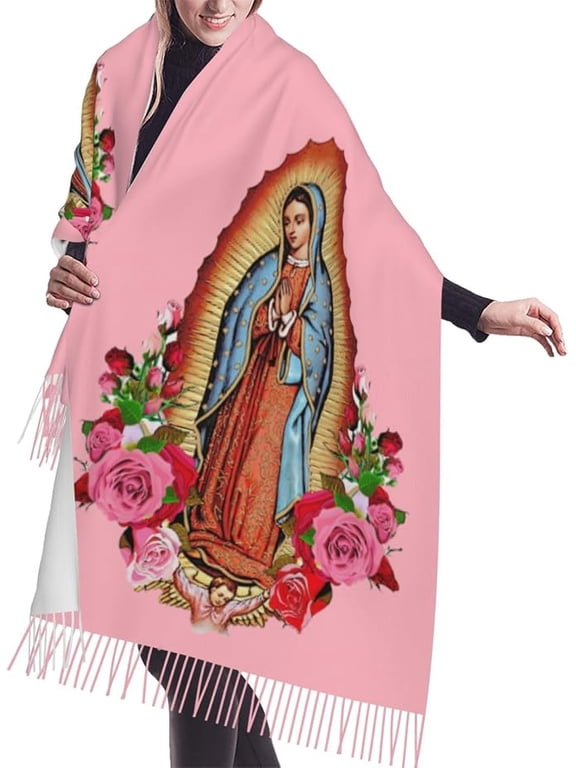 pink de Guadalupe pashmina Women Virgin Mary Catholic Rave Pashmina Scarf, Fashion Colorful Shawls and Wraps Soft Festival Scarves