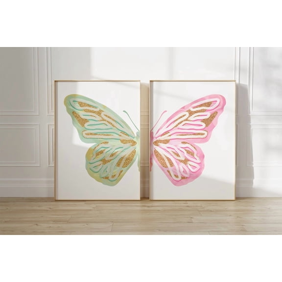 pink green split butterfly wall art set teen girl room decor aesthetic trendys calming pastel wall art baby girl nursery wall decor Set