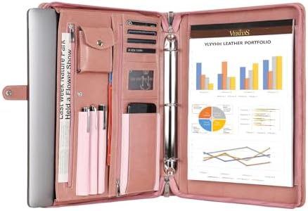 Pink Leather Padfolio For Women, Business Leather Binder 3 Ring Portfolio Personalzied Portfolio Binder Zippered Organizer A4 Letter Size Notepad 13 Inch Laptop T - View #7