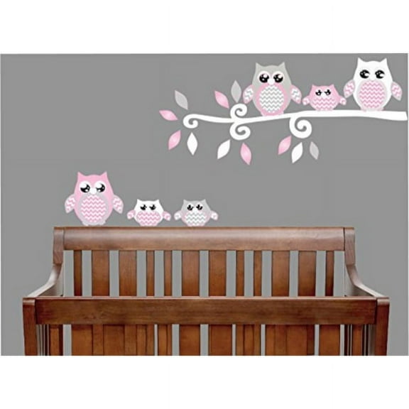 pink owl wall decals stickers owl children's nursery wall decor (grey and pink owl wall decals)
