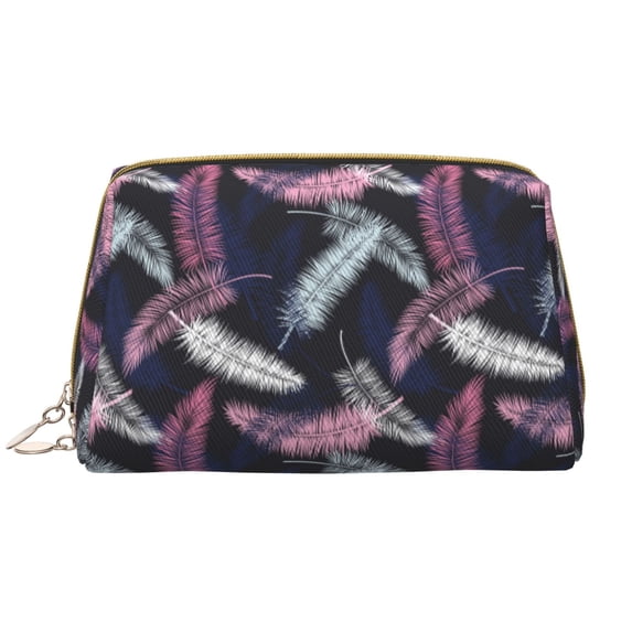 pink white feathers Makeup Bag, Large Capacity Travel Cosmetic Bag for Women Girls- Travel Toiletry Bag Leather Portable Waterproof Makeup Case Organizer with Handle