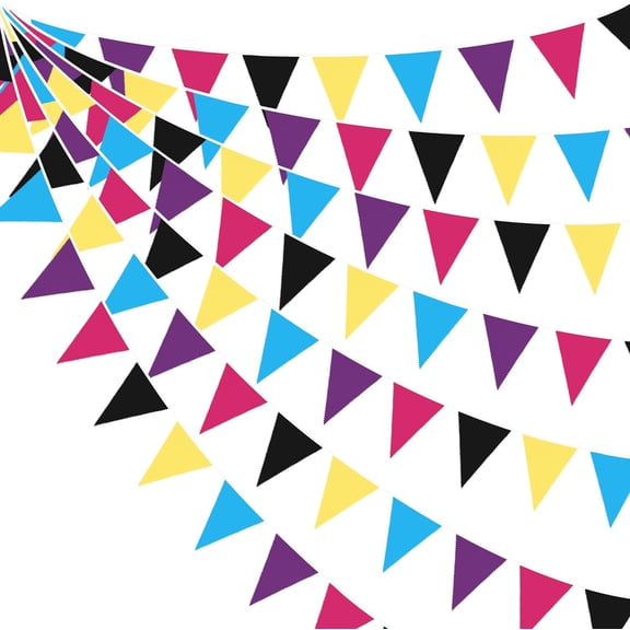 pinkblume 32Ft 80s Party Decorations Triangle Flag Pennant Bunting Banner Fabric Garland Streamers for 80s Retro Hip Hop 1980s Throwback Birthday Rock Hippie Party Decor Supplies 80s
