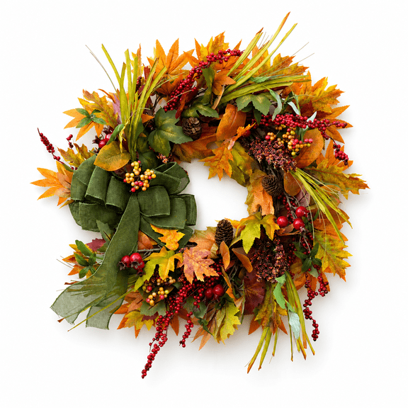 24 Inch Fall Wreath for Front Door, Artificial Autumn Maple Leaf Wreath with Burlap Bow, Berries Pinecones Harvest Foliage Thanksgiving Decor