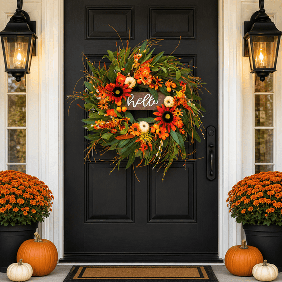 pinkpuii 24 Inch Fall Wreath for Front Door, Artificial Sunflower Autumn Wreath with Pumpkin Welcome Sign, Eucalyptus Leaves Berry Floral Harvest Home Decor