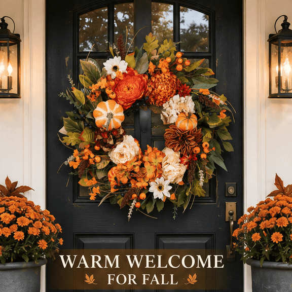 24-inch Artificial Fall Floral Wreath for Front Door with Pumpkins, Orange Flowers, Berries and Autumn Leaves