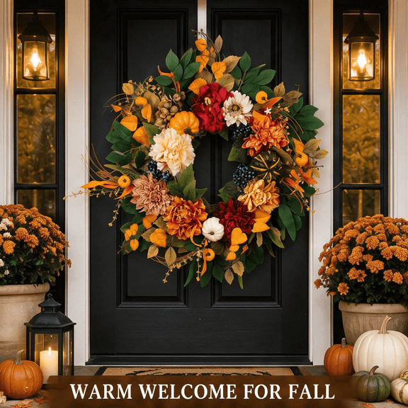 24-inch Artificial Fall Floral Wreath for Front Door with Pumpkins, Orange and Red Flowers, Berries and Autumn Leaves