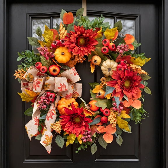 pinkpuii 24-Inch Fall Wreath for Front Door with Red Silk Flowers, Pumpkins, Berries and Autumn Leaf Bow, Handmade Grapevine Harvest Decor