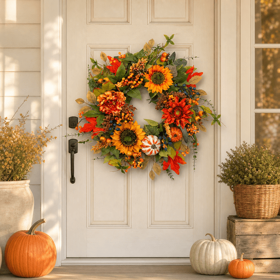 pinkpuii 24-Inch Fall Wreath for Front Door with Sunflowers and Pumpkins