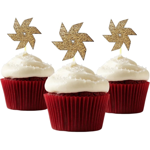12Pcs Gold Glitter Pinwheel Star Cupcake Toppers, Spiral Windmill Cupcake Picks for Mexican Fiesta Birthday Summer Party Dessert Decorations
