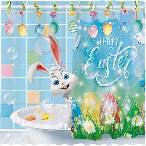 pipaio 72" x 72" Funny Bunny Easter Shower Curtain Art Cute Rabbit Spring Holiday Home Bathtubs Bathroom Curtain Decoration Washable Durable Polyester Fabric (Hooks Not Included)