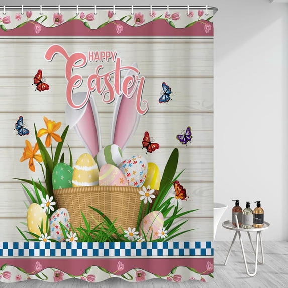 pipaio 72x72 Inches Happy Easter Shower Curtain Funny Rabbit Ears Colorful Eggs Butterfly Spring Flower Rustic Wooden Board Shower Curtains for Bathroom Decor Waterproof Polyester with Hooks