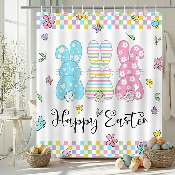 pipaio Easter Bunny Shower Curtain Cute Rabbits Colorful Floral Bathroom Shower Curtain Happy Easter Waterproof Fabric Shower Curtain Bathtub Decor with 12 Hooks 72 X 72 Inches
