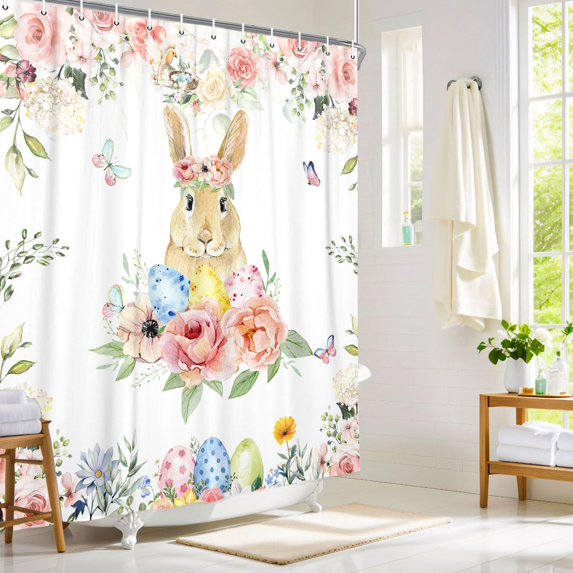 pipaio Easter Floral Shower Curtain Cute Rabbit with Colorful Boho Flowers Bouquet Bath Curtain, Happy Easter Art Print Cloth Fabric Bathroom Decor Set with Hooks Spring Holiday Shower Curtain 70X70IN