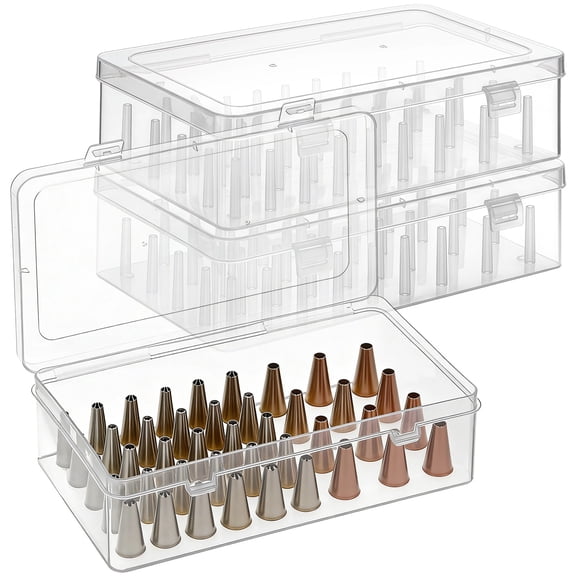 3 Pcs Piping Tip Box Organizer with 126 Fixed Pins, Clear PP Plastic Baking Cake Decoration Tool Storage Box, Stackable Cake Decorating Storage Box, 9.3 x 5.3 x 2.6 in