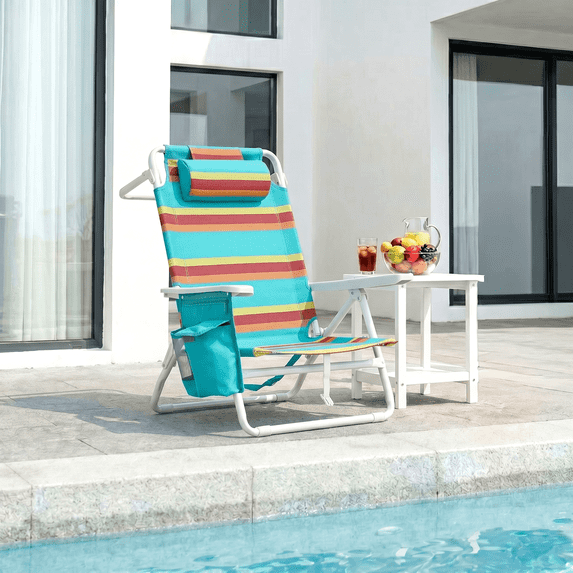 pirecart Folding Beach Chair, 5 Position Lay Flat Beach Chair with Cup Holder, Padded Headrest, Cooler Pouch, Storage Bag, Towel Bar, Orange, Yellow and Blue Stripes
