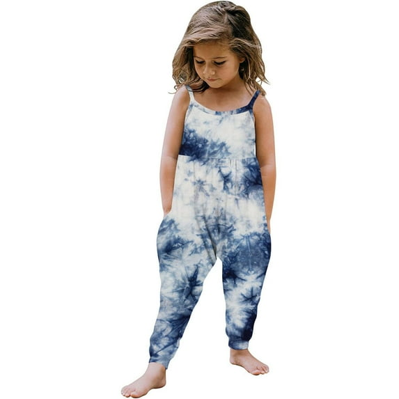 piuwrlz Jumpsuit for Kid/Toddler Girls Printed Sling Backless Sleeveless Children's One Piece Overall Suit Blue Size 3-4 Years