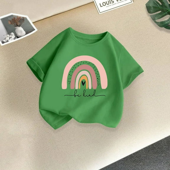 piuwrlz Kid Short Tops for Girls Short T-Shirts Sleeve Fashionable Printed Round Neck Blouses Cotton T Shirt Top Green Size 10-11 Years