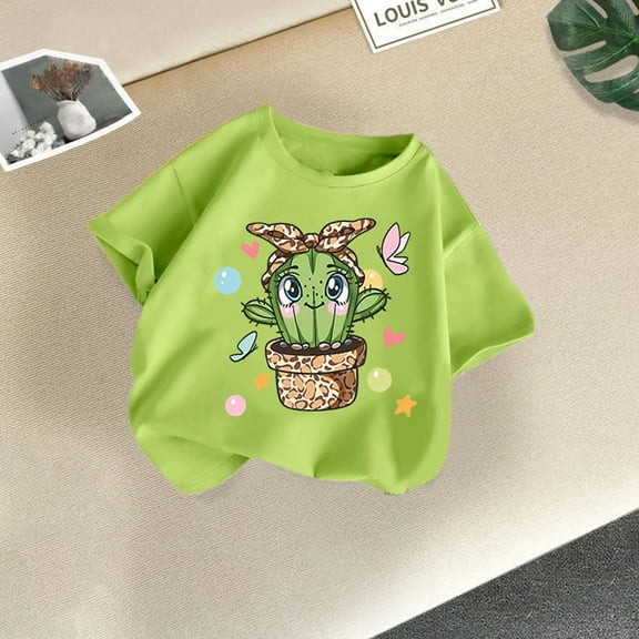 piuwrlz Kid Short Tops for Girls Short T-Shirts Sleeve Fashionable Printed Round Neck Blouses Cotton T Shirt Top Green Size 6-7Years