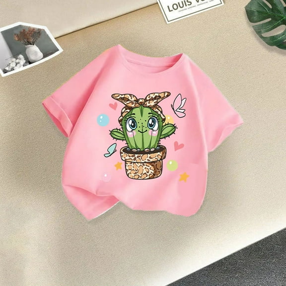 piuwrlz Kid Short Tops for Girls Short T-Shirts Sleeve Fashionable Printed Round Neck Blouses Cotton T Shirt Top Pink Size 10-11 Years