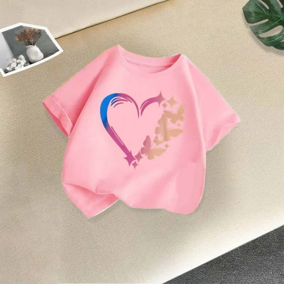 piuwrlz Kid Short Tops for Girls Short T-Shirts Sleeve Fashionable Printed Round Neck Blouses Cotton T Shirt Top Pink Size 2-3 Years