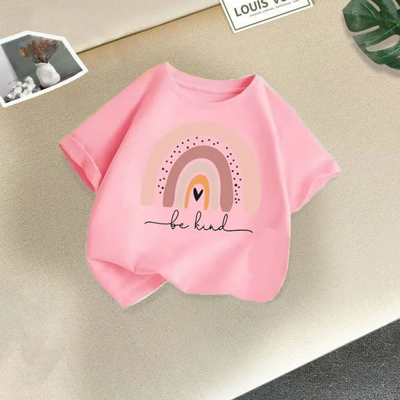 piuwrlz Kid Short Tops for Girls Short T-Shirts Sleeve Fashionable Printed Round Neck Blouses Cotton T Shirt Top Pink Size 6-7Years