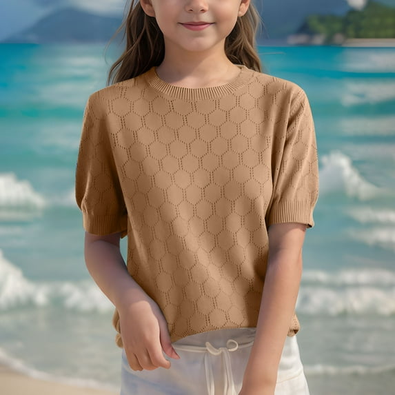 piuwrlz Kid Short Tops for Girls Short T-Shirts Sleeve Solid Color Round Neck Blouses T Shirt Top Khaki Size XL