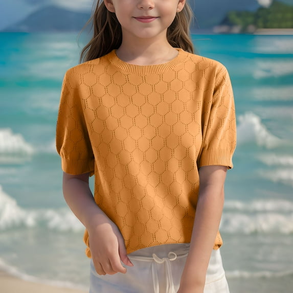 piuwrlz Kid Short Tops for Girls Short T-Shirts Sleeve Solid Color Round Neck Blouses T Shirt Top Yellow Size S