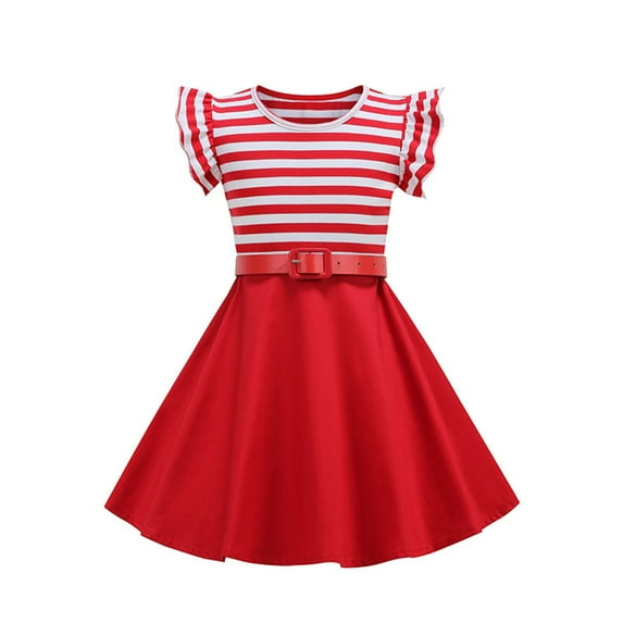 piuwrlz Kids Short Shirt Dresses Little Girls 120 Skirts Retro Round Neck Stripe Solid Color Dress Red