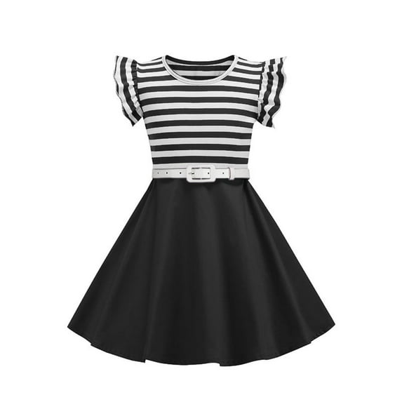 piuwrlz Kids Short Shirt Dresses Little Girls 130 Skirts Solid Color Retro Round Neck Stripe Dress Black