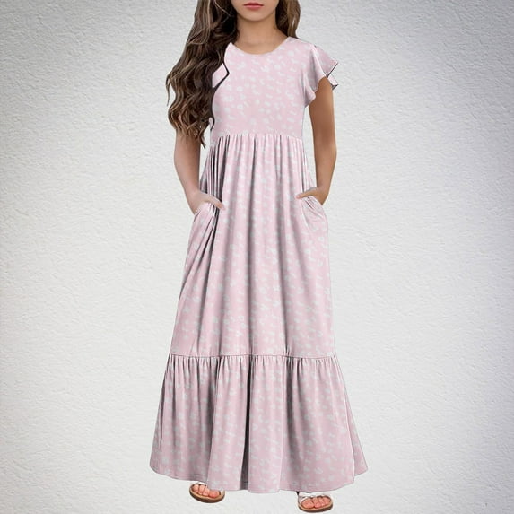 piuwrlz Kids Short Shirt Dresses Little Girls 160 Skirts New Printed Round Neck Floral Dress Pink