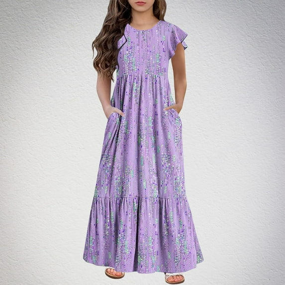 piuwrlz Kids Short Shirt Dresses Little Girls 6 Years Skirts New Printed Round Neck Floral Dress Purple